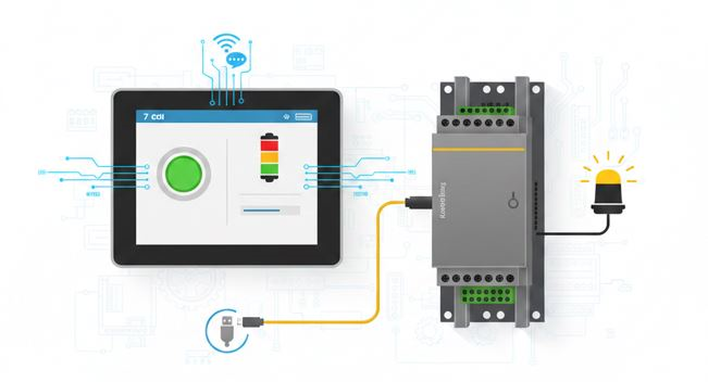 HMI és Rievtech PLC összekötés – RT-Studio projekt, gomb és jelzőlámpa, kommunikáció beállítás
